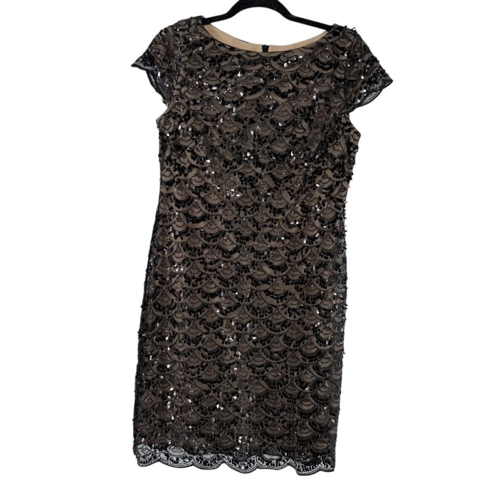 Jessica Howard Evenings Dress Size 6 Sequin Black Short Sleeve Knee Length Chic